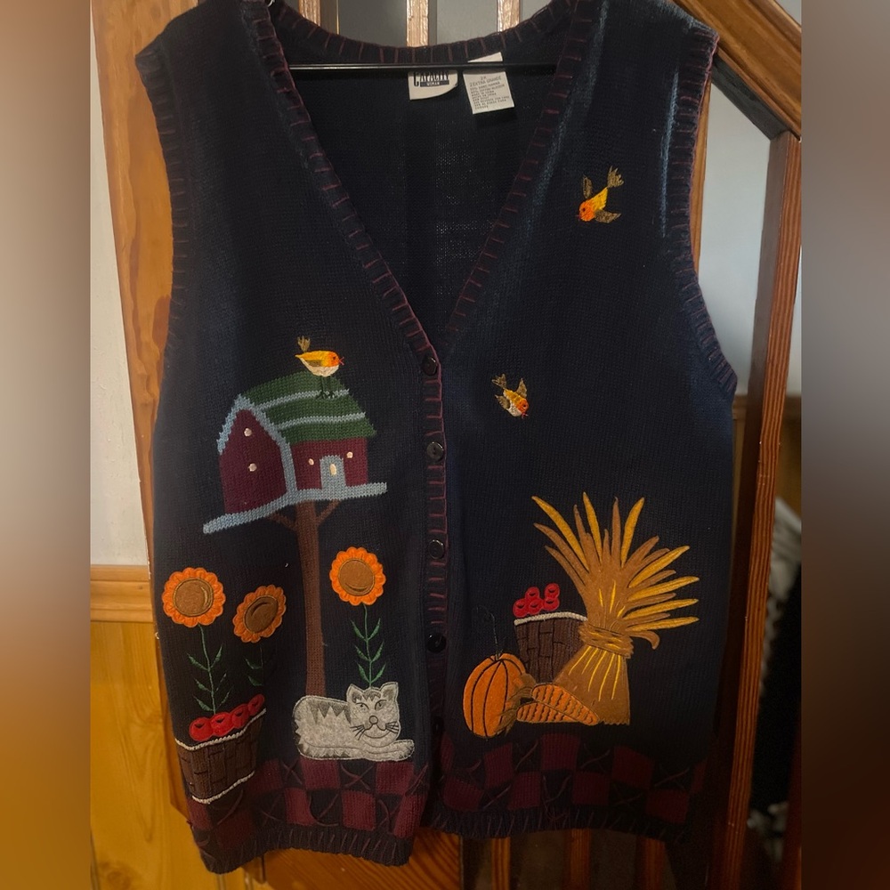 Vintage Colorful Knit Sweater Vest with Fall Nature Motif, Women’s 2X unique
